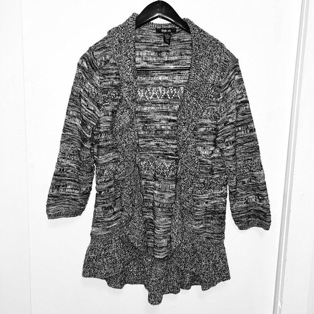 Black and White Marbled Knit Open Wrap Cardigan Style & Co L Wavy Edges